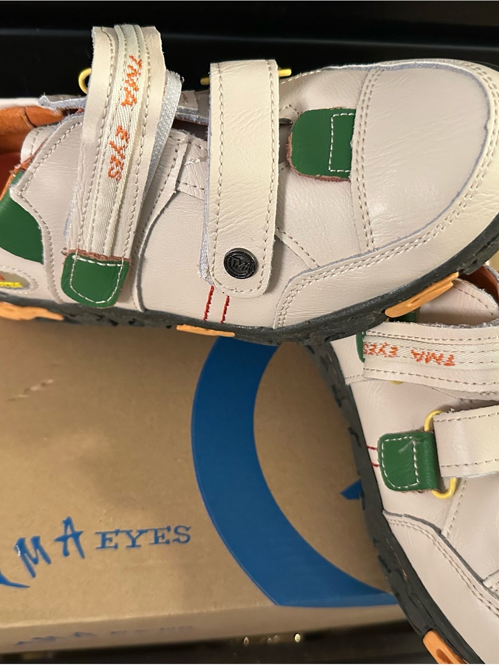MA Eyes White and Green Leather Strap Sneakers for Women
